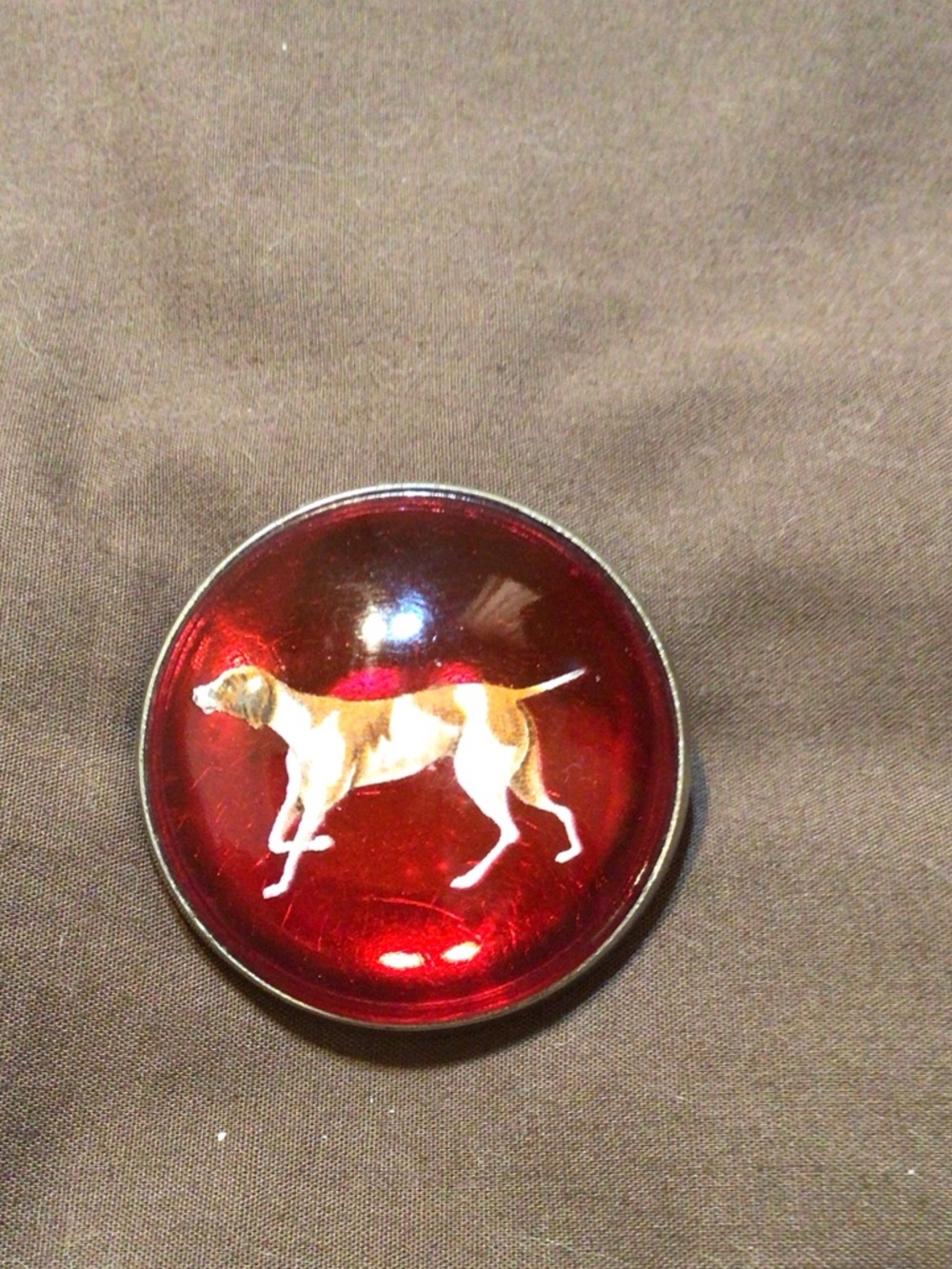 Red Enamel Dog Brooch Classic Canine Accent Bubble Glass Bridle Rosette Pin